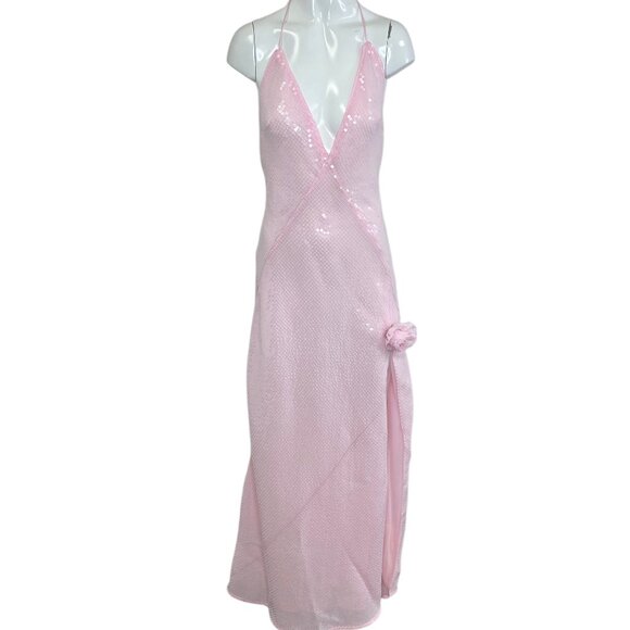 Bardot Dresses & Skirts - Bardot Aradia Sequin Halter Slip Dress, Pink, V-Neck, Event, Side Slit, Size 4